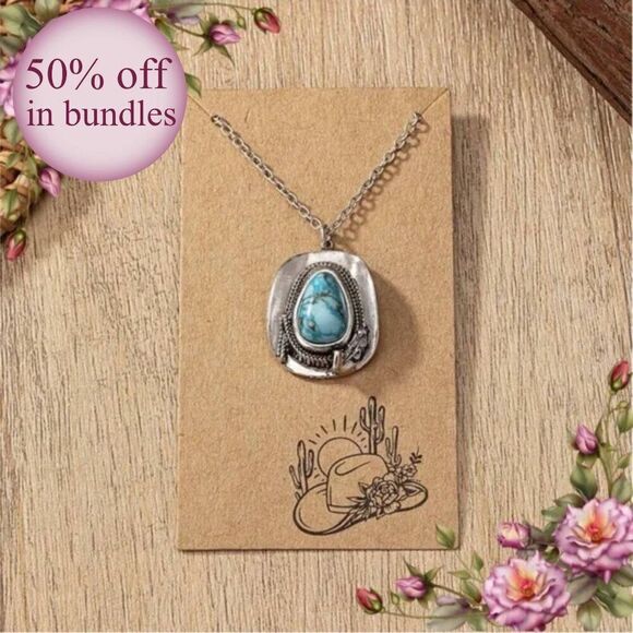 Jewelry - 1 Pc Western Turquoise Stone Decor Cowboy Hat Pendant Necklace